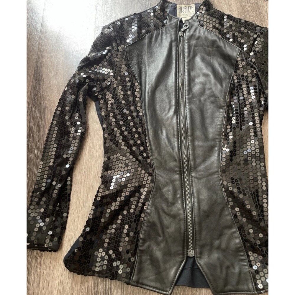 Vintage Firenze Santa Barbara Black Leather Jacket Sz Small MultiColor Moto